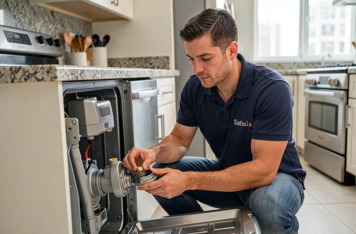 Technicien Satisfix réparant un lave-vaisselle dans une cuisine moderne