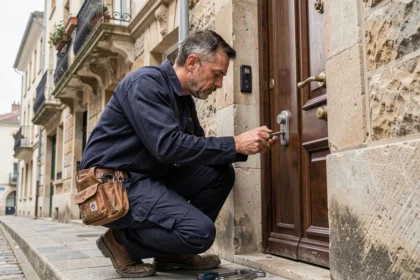 Serrurier d'urgence professionnel intervenant sur une porte d'appartement dans une rue urbaine d'Auvergne-Rhône-Alpes
