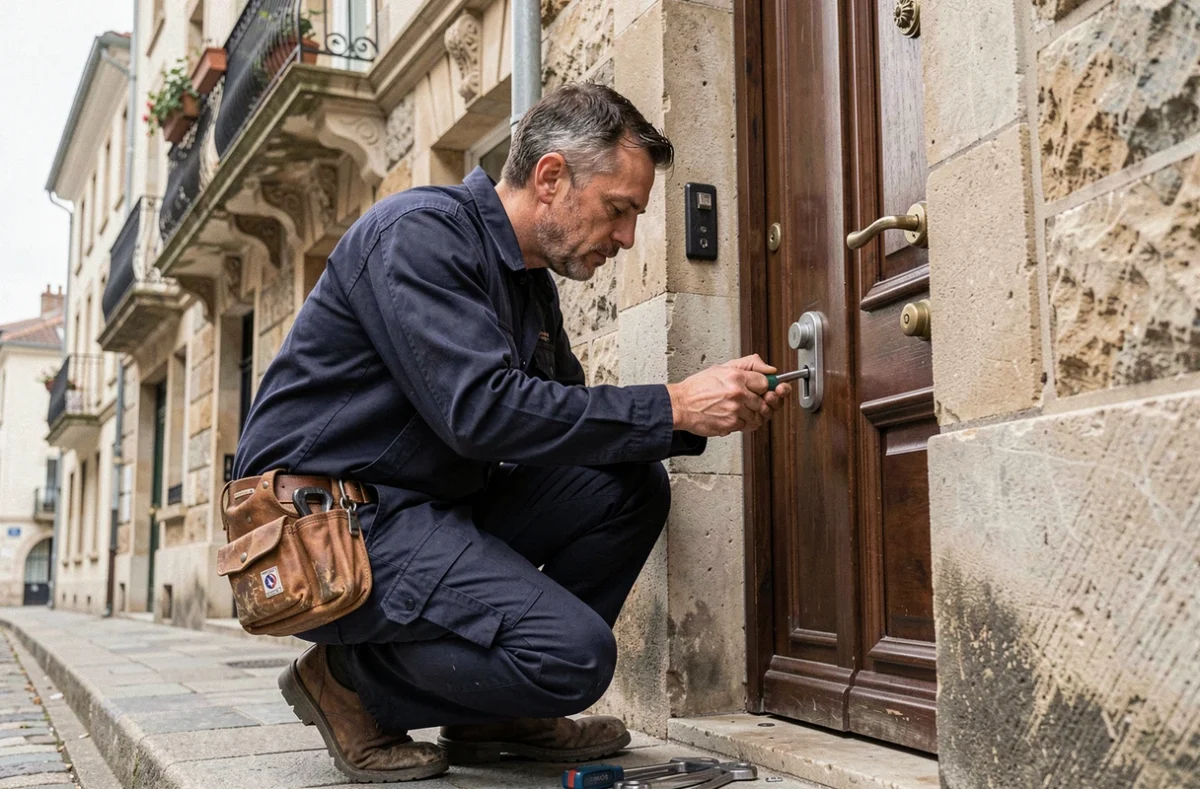 Serrurier d'urgence professionnel intervenant sur une porte d'appartement dans une rue urbaine d'Auvergne-Rhône-Alpes