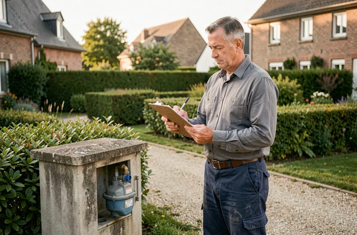 Plombier expérimenté SL Plomberie consultant ses notes devant un compteur d'eau dans un quartier résidentiel en Sarthe