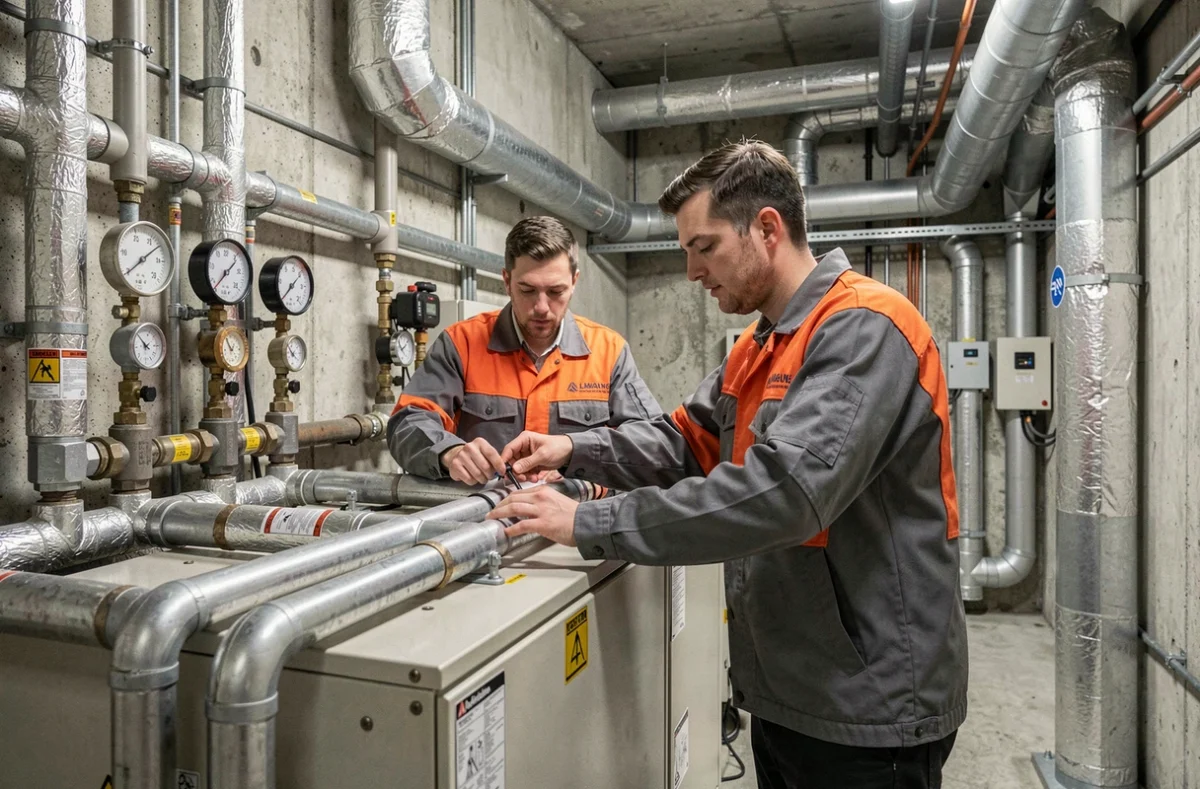 Deux techniciens Sogetherm SARL travaillant sur une installation de chauffage collectif au Mans