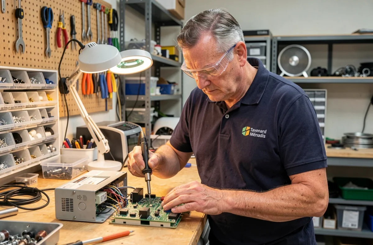 Technicien Tavenard-Ménadis réparant une carte électronique d'électroménager en atelier
