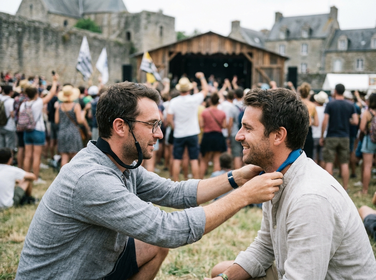 Homme aidant un ami à ajuster le cordon de ses lunettes lors d'un concert en Finistère