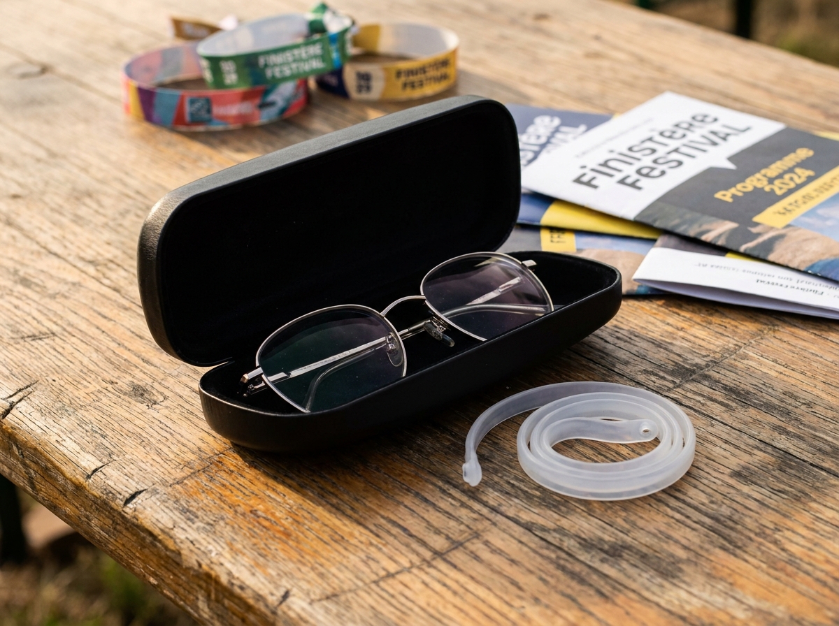Étui à lunettes rigide et cordon de rétention posés sur une table de festival en Finistère