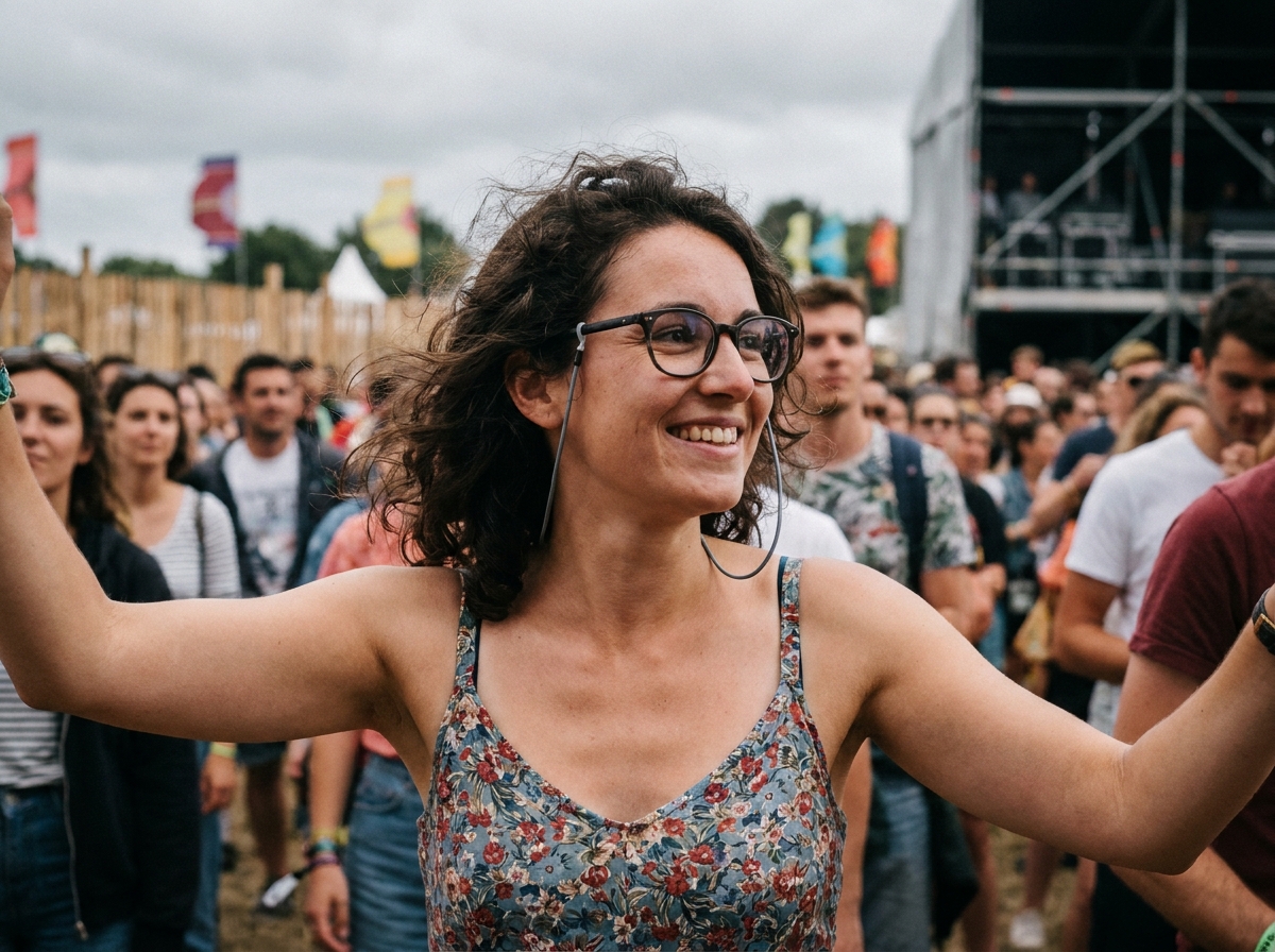 Jeune femme portant des lunettes sécurisées avec cordon de rétention dans un festival en plein air en Finistère
