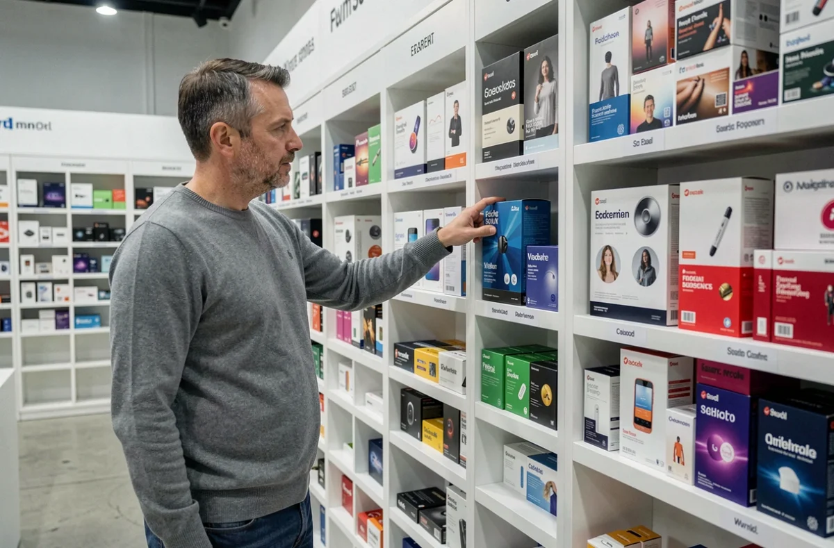 Homme repérant une marque sur un mur d'exposition de produits classés par catégorie dans un showroom