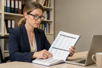Professionnelle consultant un répertoire de marques classées par secteur d'activité dans un bureau moderne