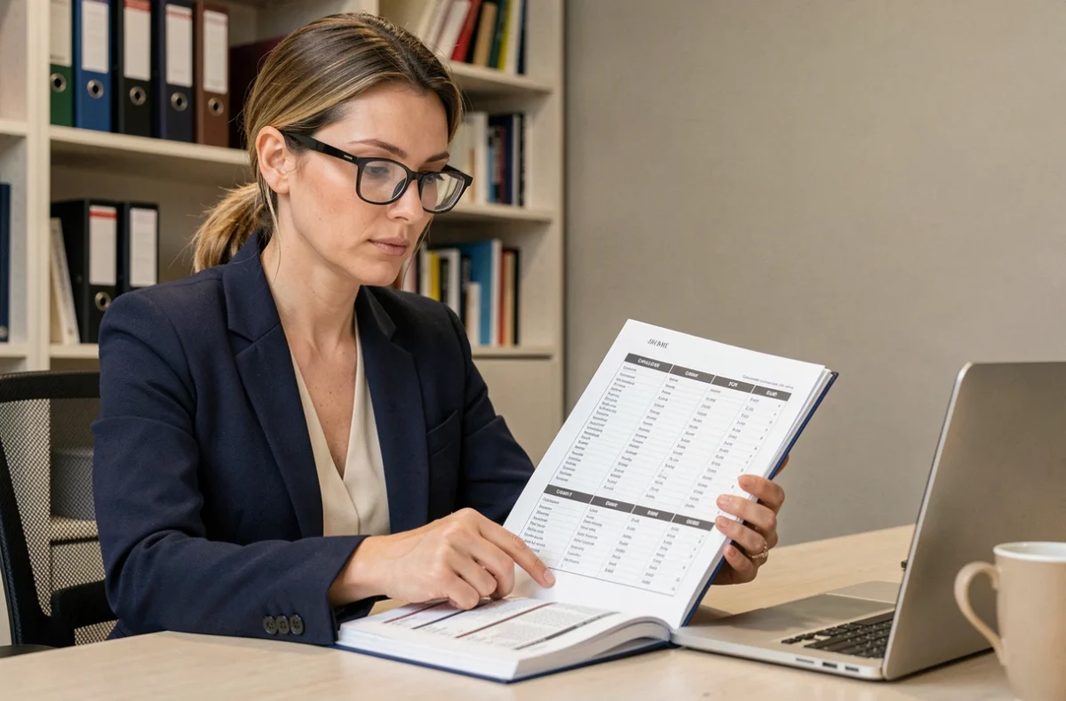 Professionnelle consultant un répertoire de marques classées par secteur d'activité dans un bureau moderne